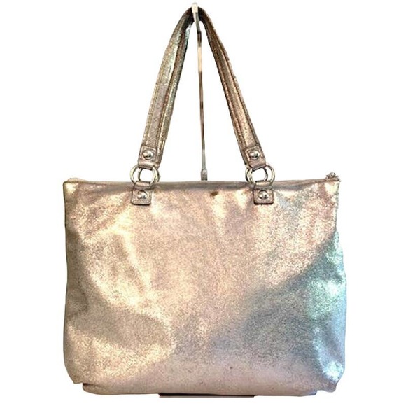 Coach Poppy Silver Pleated Metallic Leather Glam Tote Large - Picture 2 of 14